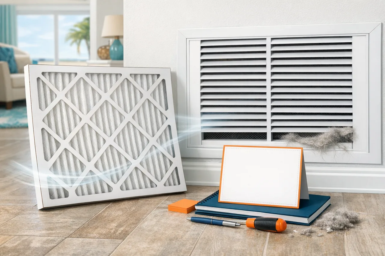 Clean AC filter and airflow path for a Florida filter replacement schedule calculator.