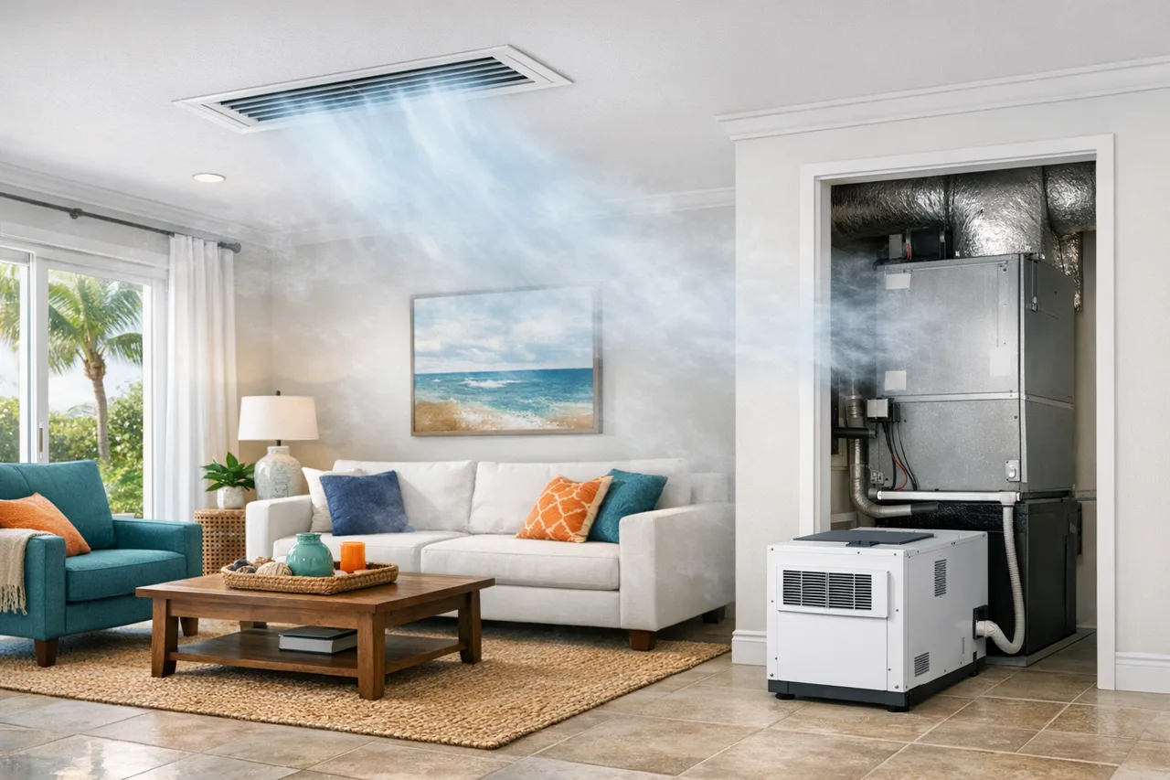 Florida living room with dry airflow and humidity control visuals for a dehumidifier sizing calculator.