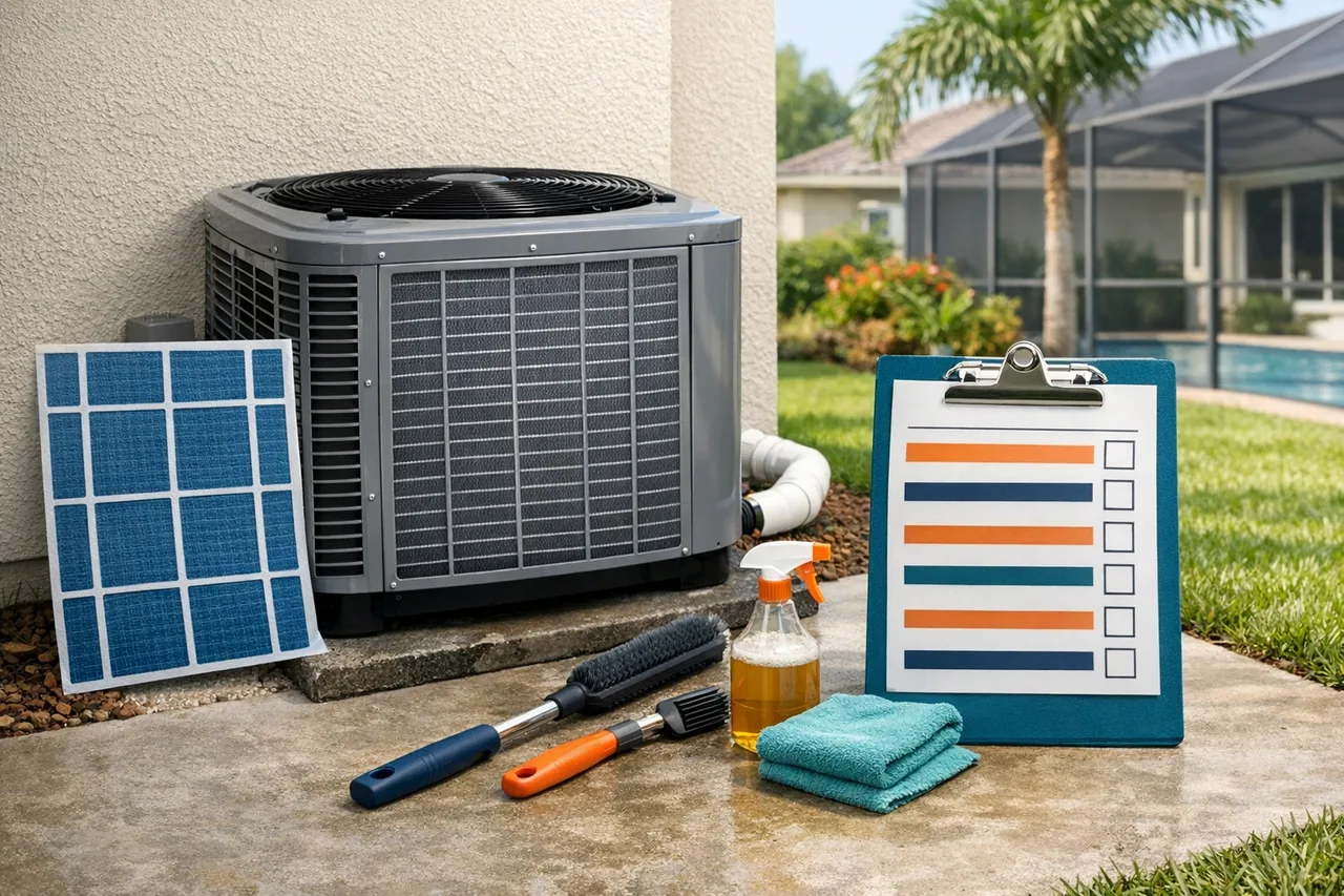 Maintained AC condenser, filter, and service checklist visuals for a maintenance plan ROI calculator.
